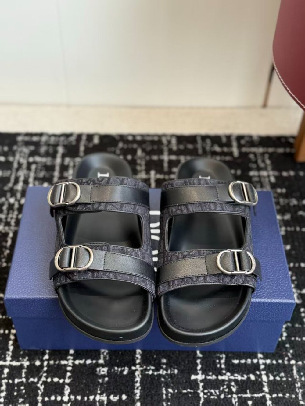 Dior Black Oblique Jacquard Slide Sandals Double Buckle Strap Slip On Flat Shoes